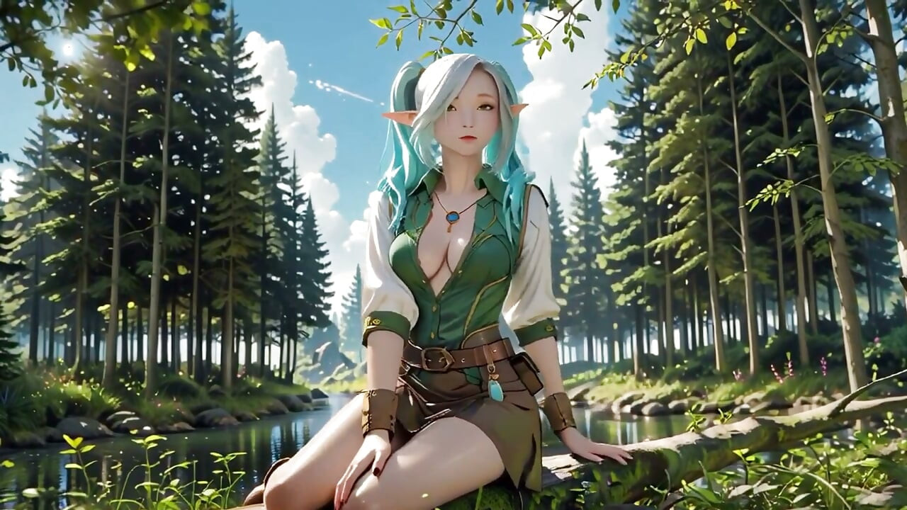 Forest Fantasy! Blue Elf Kneeling, Green Elf Teasing, Sun-dappled Magic & Wand Play, Who Gives in First?