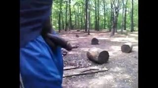 Schwarzer Typ geht im Wald mit Schwanz raus