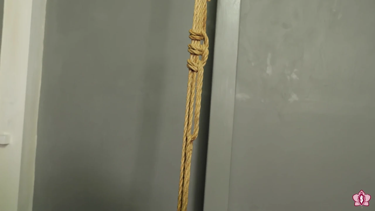 Slave Mila Endures Multiple Orgasms with Legs Bound Open in Half Bondage Suspension