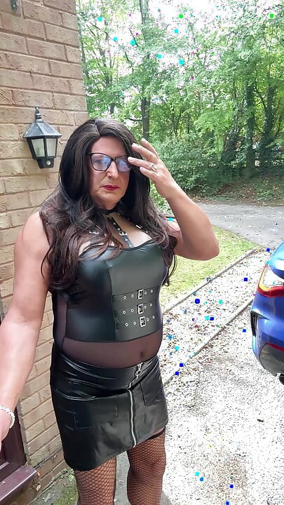 Sexy Crossdresser kellycd2022 in black pvc bodysuit and fishnet stockings and heels