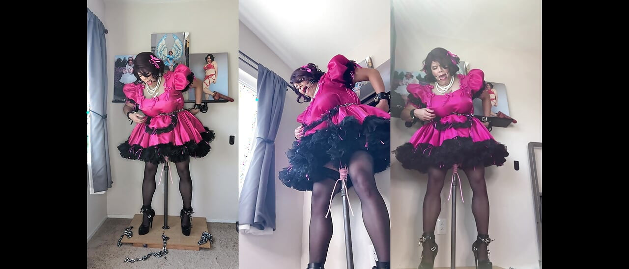 Candy, femme de ménage rose tapette, est enfermée sur son gode et chevauche son poteau