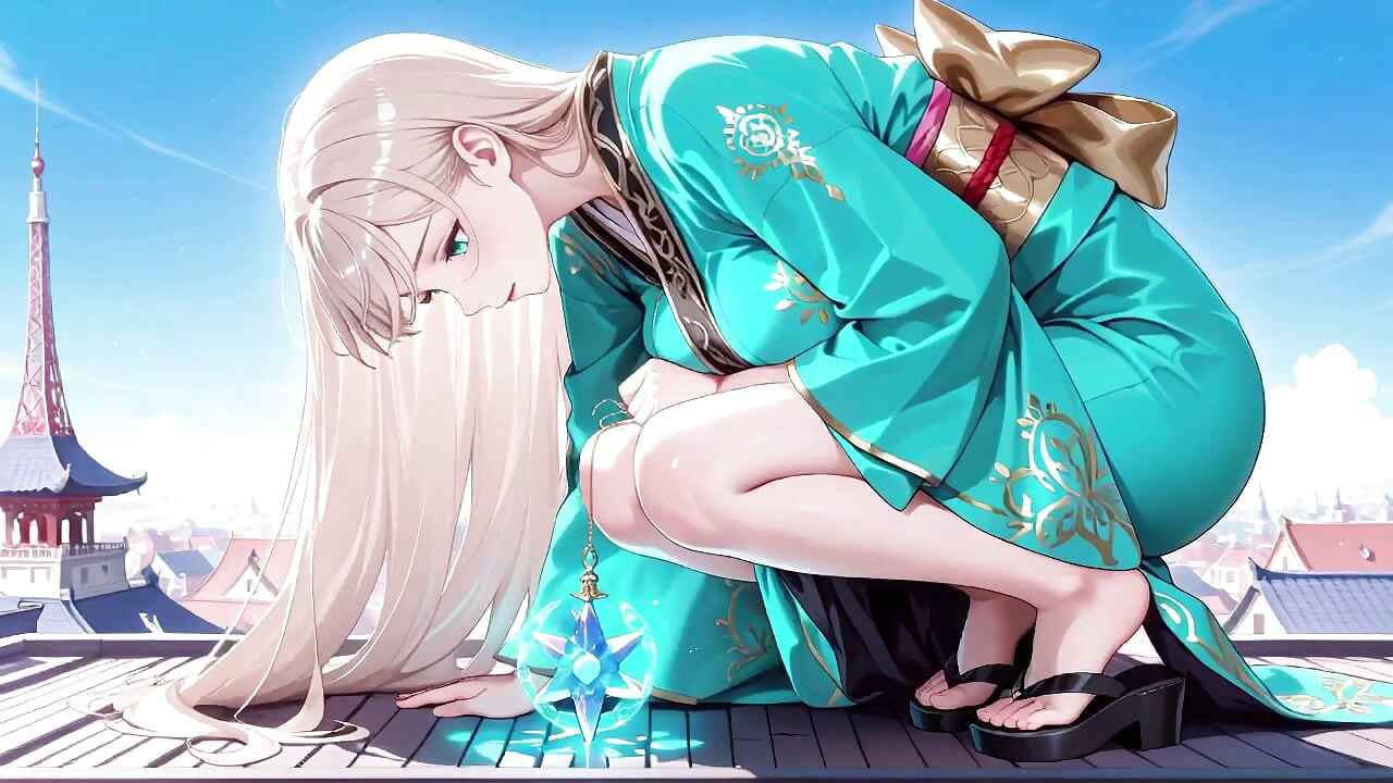 Blonde in a Green Kimono! Lazy Terrace Reading, off-shoulder Design Is Too Sinful!
