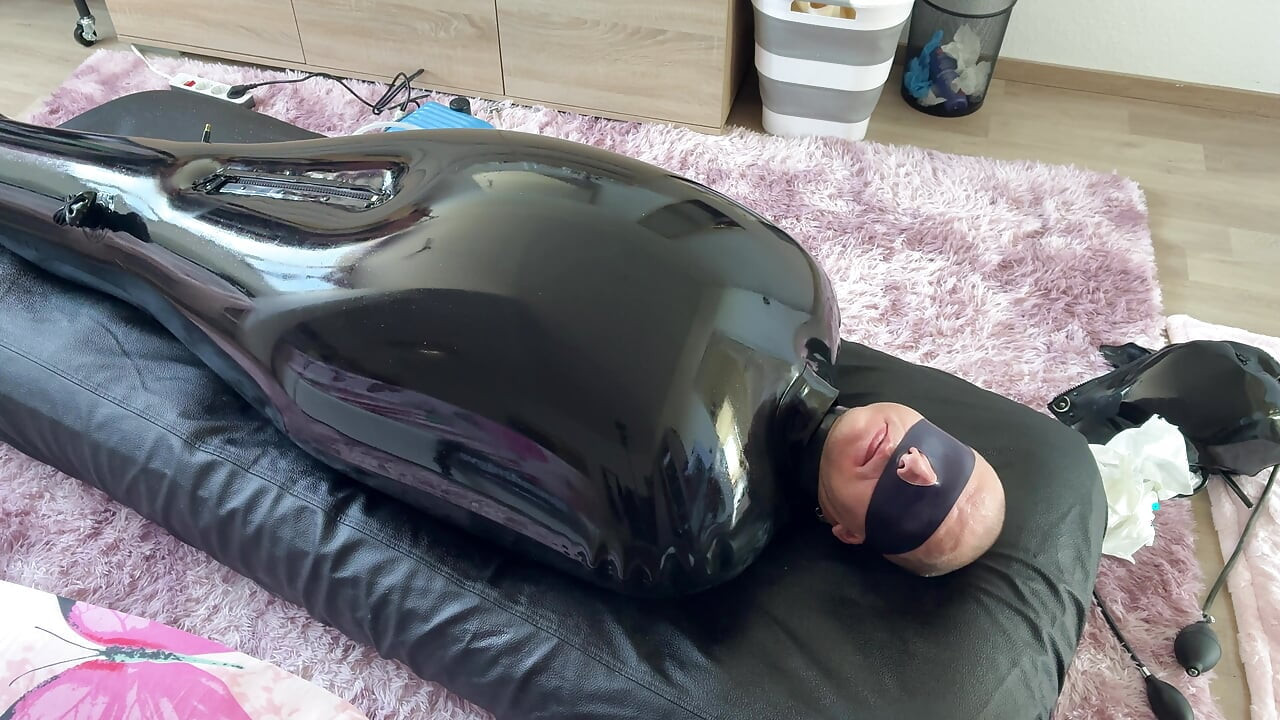 Wife drives her husband crazy with ESTIM in Inflatable Full Body Latex Bondage Bag - Exreme Edging. Restricted Breathing Gagged