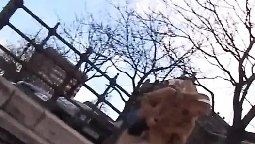 This Beautiful Busty Girl Masturbates on the Street and Gives a Blowjob at Home