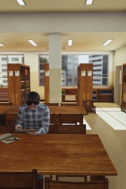 圖書館故事。一位年輕女學生在圖書館大廳用手指甜蜜地愛撫自己的小穴。Emptie41