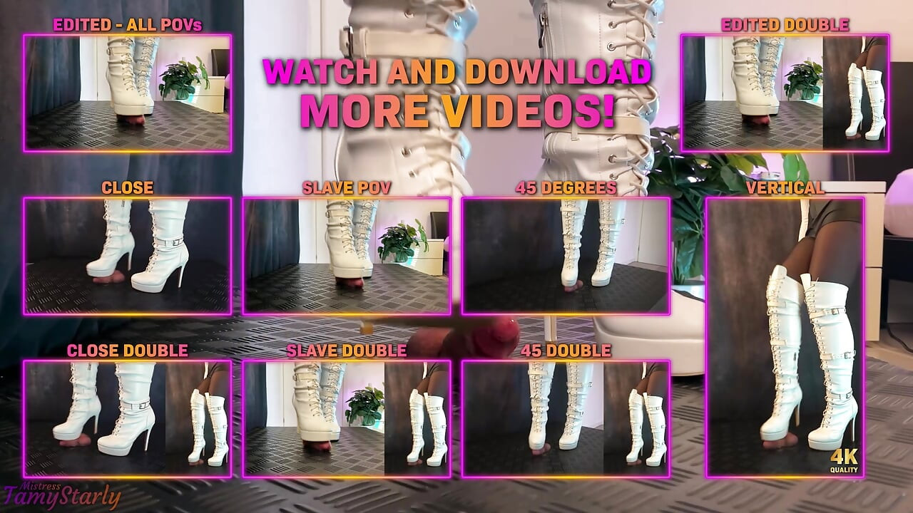 Chutado e pisado por sua namorada em botas de salto alto OTK White - Bolas de pau esmagam pisote, shoejob, bootjob, CBT, Ballbust