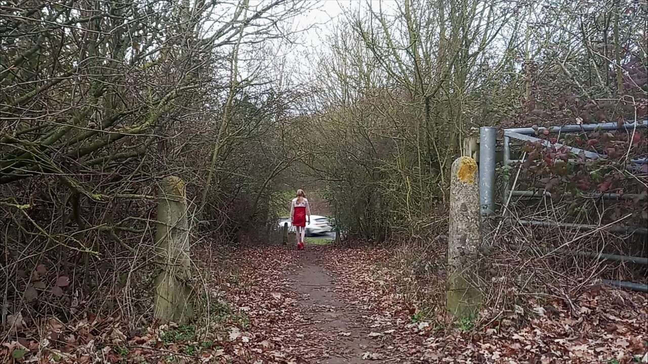 Crossdresser Roadside Wanking in Red PVC