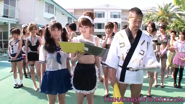 Cosplay teens cockriding at pool party