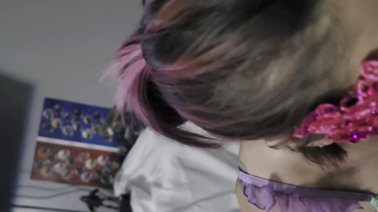 Slutty milf in a pink mask blowjob with swallow