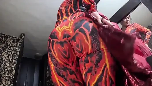 Red Nylon Jumpsuit Fetish Cameltoe Tease, Deep Blowjob and Cum on My Downjacket