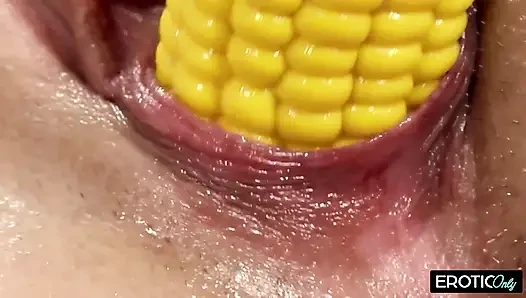 Brunette Stuffs Corn Cob and Dildos in Her Pussy