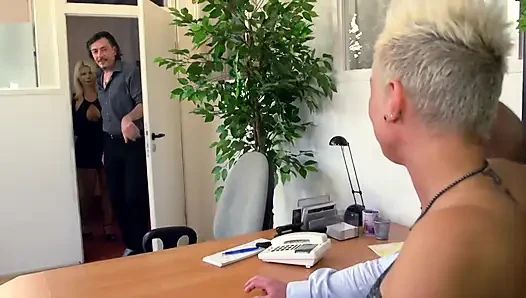 Two badass blondes gets to fucked hard in the office by huge cocks