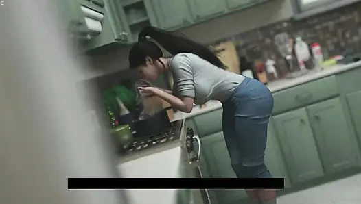 Ibu tiri Jepang pamer belahan dada saat dia lagi masak di dapur