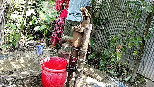 I fucked my village stepsister outside while she was taking a bath.