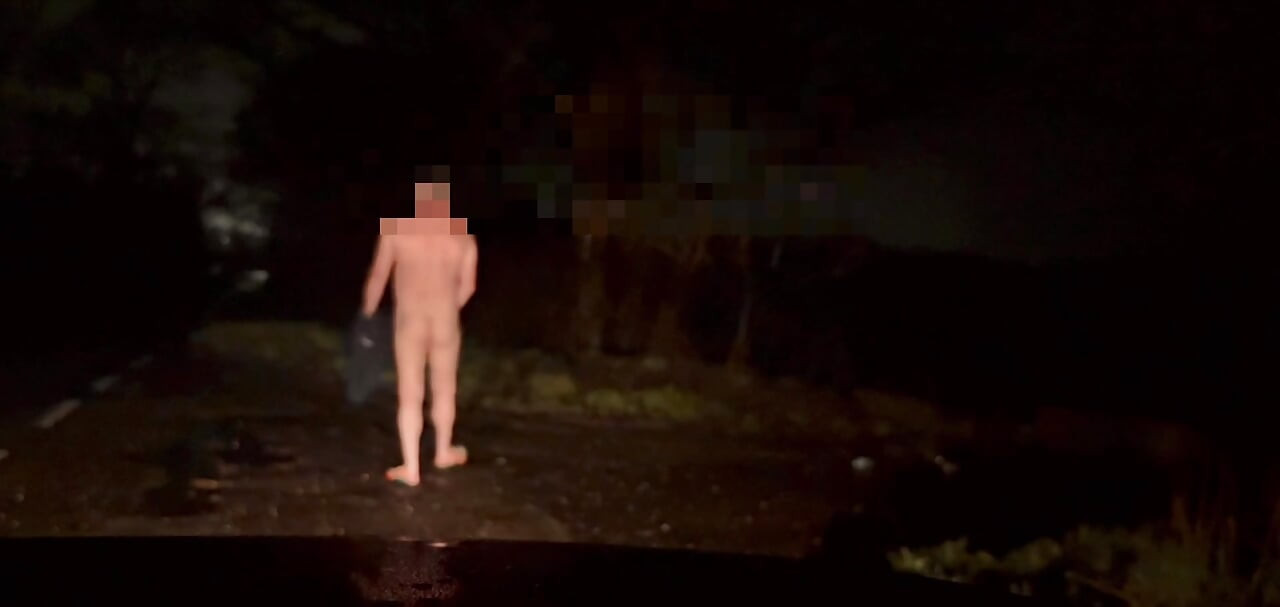 Otomobiller geçerken dipsiz ve sonra bir ağacın arkasına saklanarak çıplak