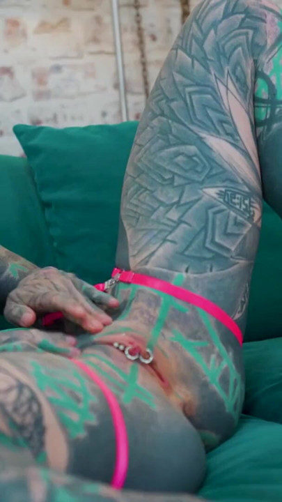 Ink Covered Beauty Solo Anal Toy Play in Lace Lingerie | Clip 1