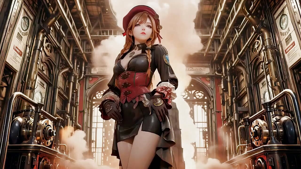 赤髪のスチームパンクガール！純白の背景に映える黒いボディスーツの誘惑、優雅な立ち姿から跪く視線へ。