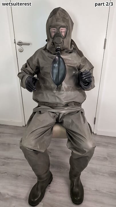 Breathplay masturbation Zodiac Zodiak heavy rubber hazmat suit with gasmask rebreathing bag, gloves, boots