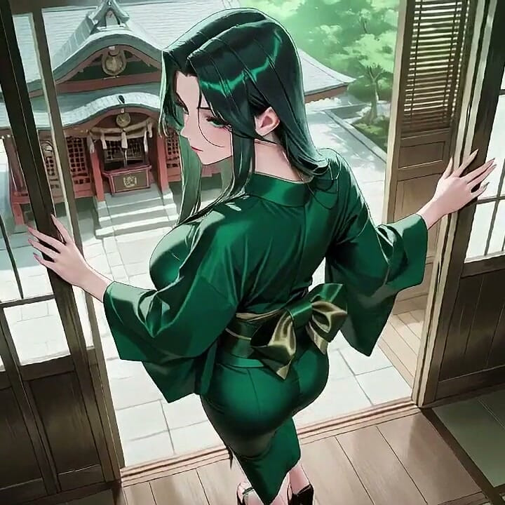 Deep Green Kimono! Private Shrine Stroll, High Slit Accidents!