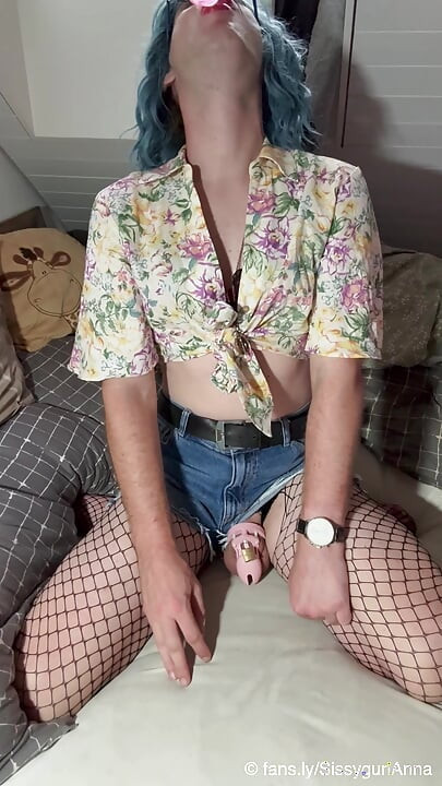 Amateur Sissy Anna in Chastity talking to Daddy while playing with her Dildo