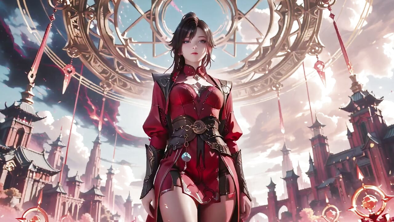 Red Armor Queen in the Floating City! Epic fantasy tease, tight red bodysuit.