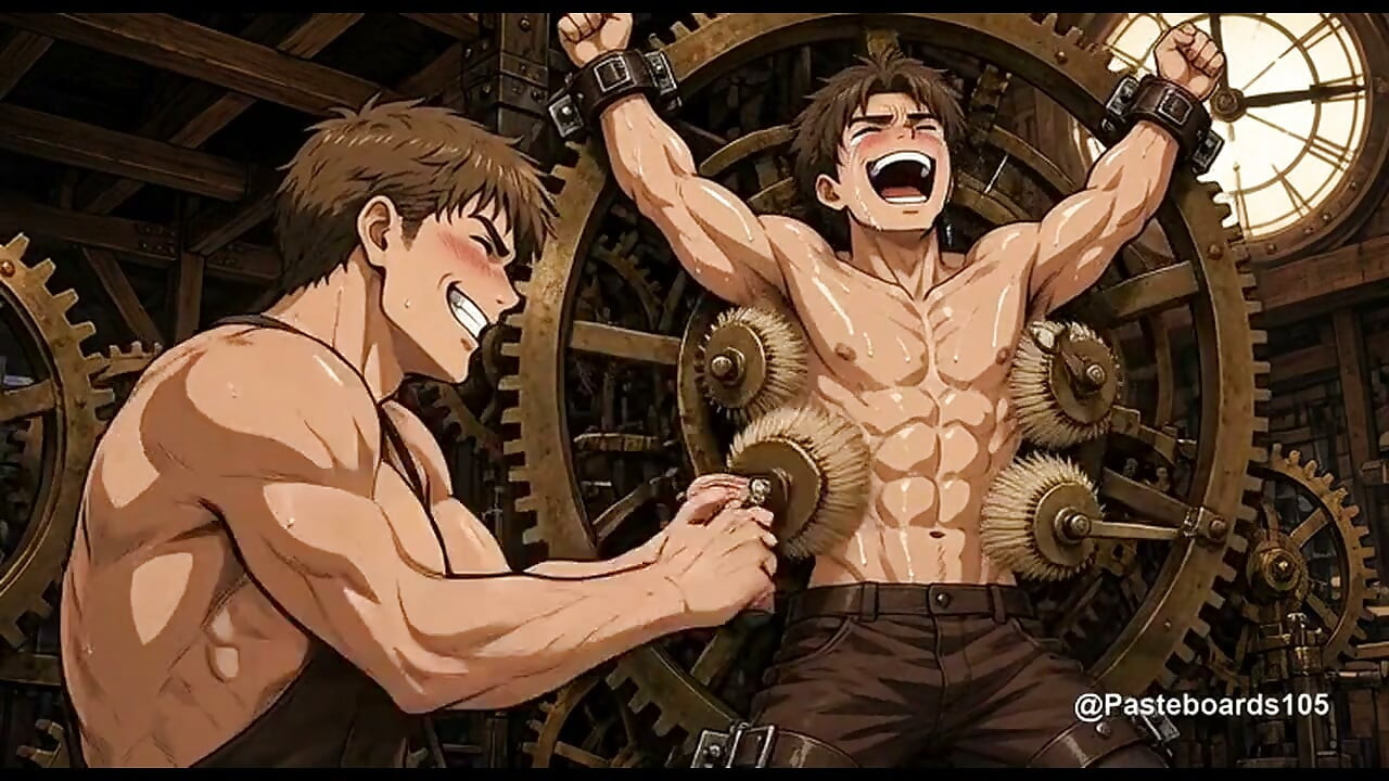 Caught In The Giant Clockwork - Clockmaker Strapped In The Gears, Bristle Pads Sweeping His Sides An