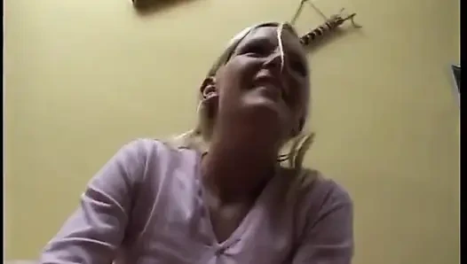 Blonde teen wearing nylon shaving her pussy while two guys jerking on her