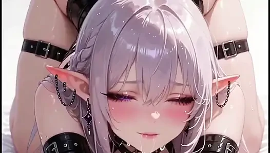 White-haired anime elf in black leather latex
