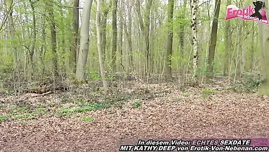Chubby German milf having an outdoor blowjob in the woods with a stranger man
