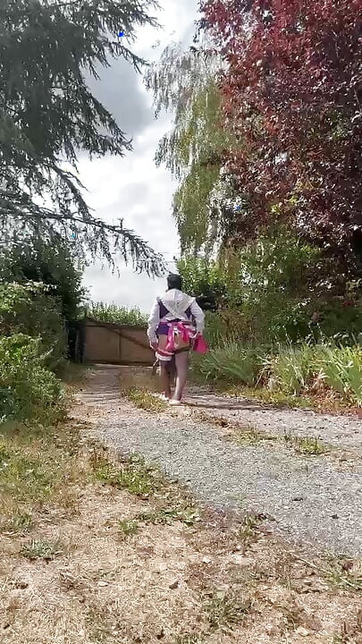 Dressed like a gardener with a purple dress for a day