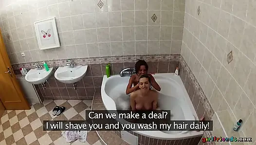 Girlfriends XXX - Lesbians Wash Each Other's Wet Pussies in the Bathtub