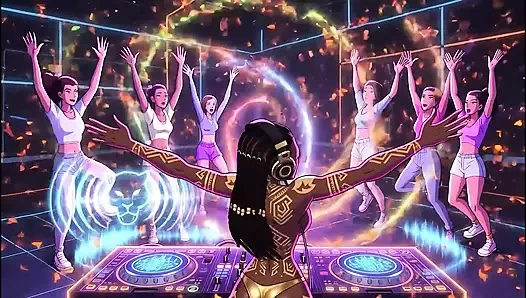 AI-DJ-Mädchen auf privater exklusiver party - Strand Sunset + Tron TRON + Tokio Neon