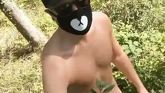Risky outdoor nude walk with chastity cage and anal play