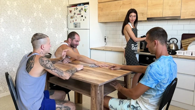 The wife seduced her husband and his friends - they had sex with her mouth and pussy - filling them with their cum