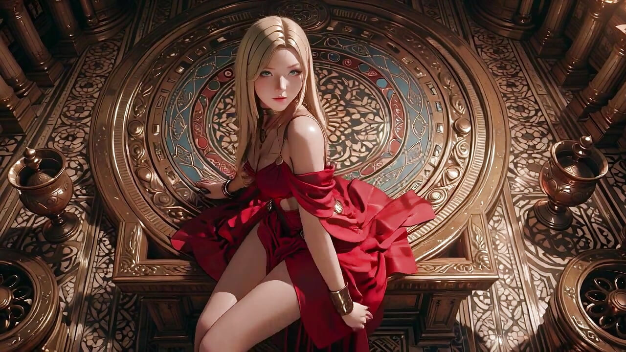 Blonde Queen in Red! Sitting by the fountain, adjusting her slit dress... Eyes locked on you.