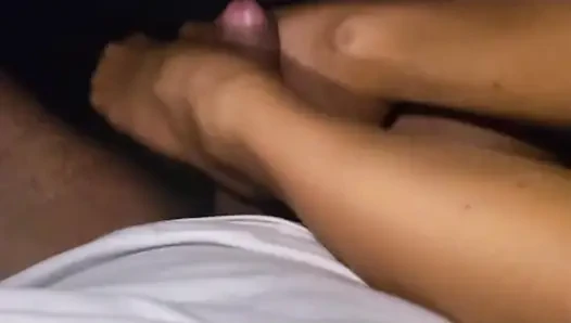 My friend was so horny on by my footjob that he cummed on me