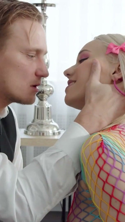 Sexy blonde in fishnet lingerie Barbie Brill fucks biggest cock in her life to get massive orgasm | Clip 1