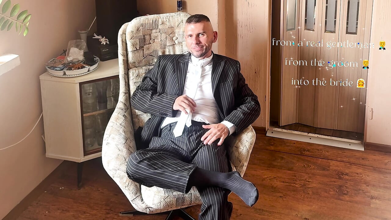Transformation of the Groom in Suit and Tie to the Sissy Bride in White Stockings