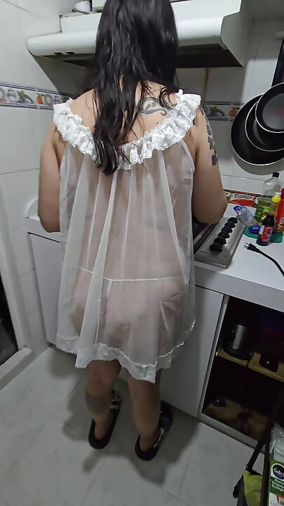My neighbor invited me to dinner and I found her in clear lingerie