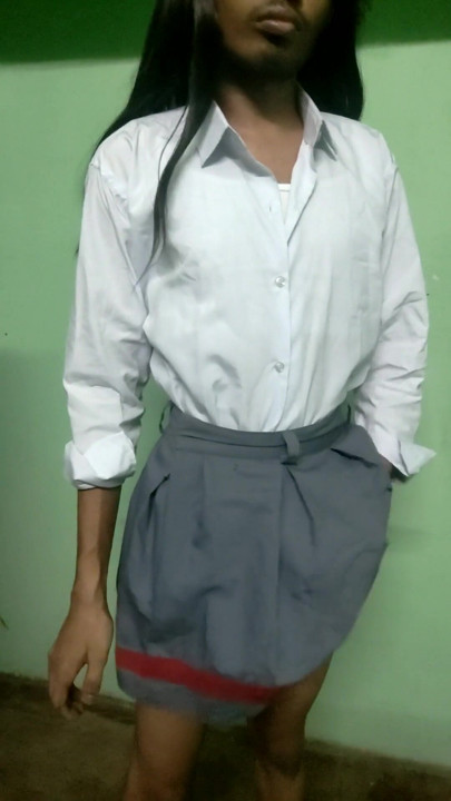 cute indian femboy in school dress strip tease | Clip 1
