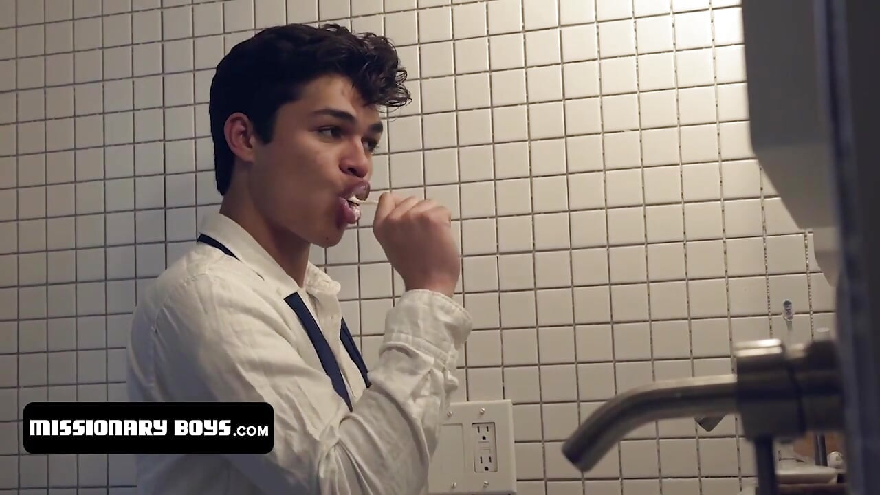 Cute innocent boys bang in the bathroom