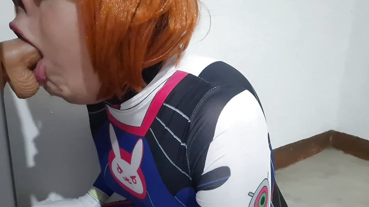 Femboy with Dva Cosplay and BDSM Nosehook Giving a Blowjob, Eating Cum and Deepthroat to Big Dildo