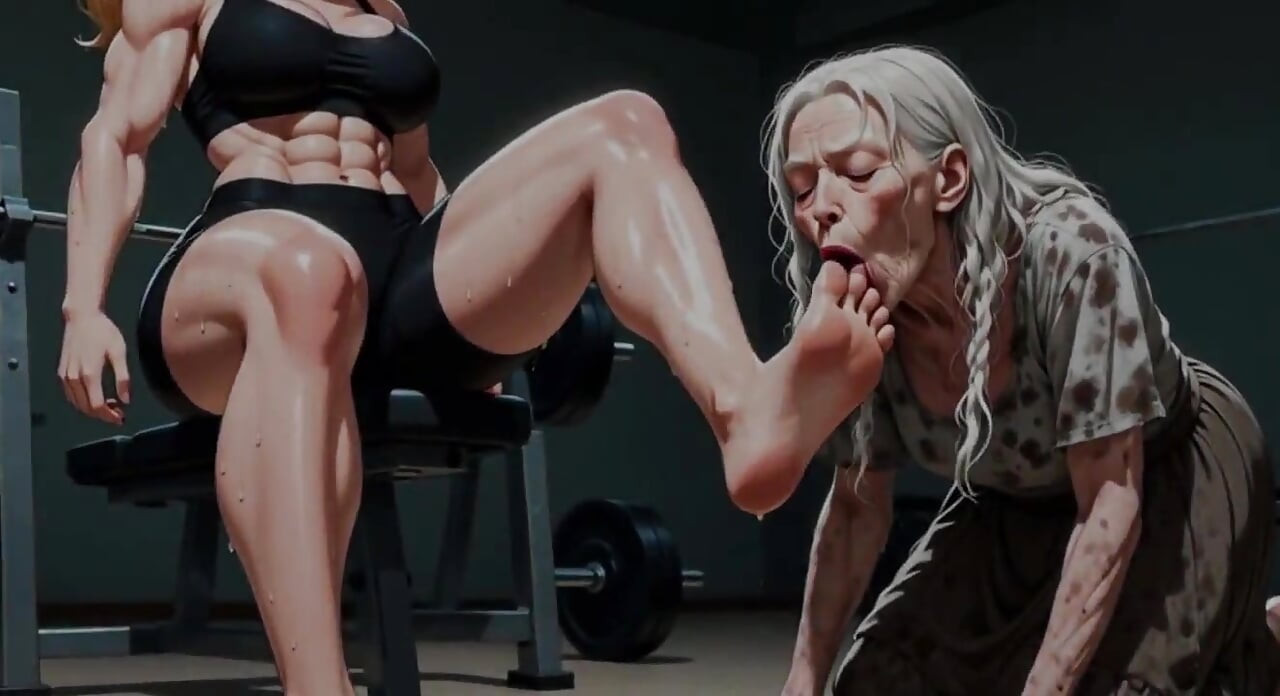 체육관에서 근육질의 돔 발을 숭배하는 노인 할머니