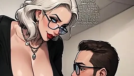 Waifu sekreter bakış açısı - beyaz saçlı nine ve esmer ofis yakın çekim azdırma