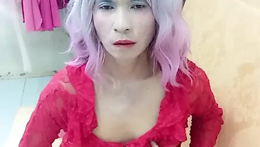 Transgender Oanh Le wears sexy clothes porn selfie with a homemade cuff