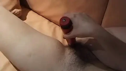 Busty blonde toying her hairy pussy