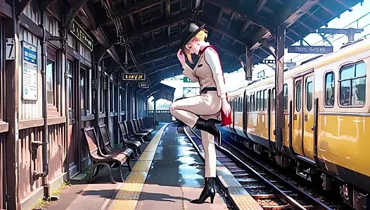 Klasik tren kapısına dayanarak, soğuk ama orta yaşlı bir görünümle bakarken elini sheer çoraplarından aşağı sokuyor