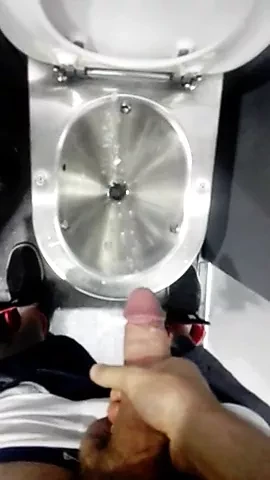 Huge cumshot in the toilet on the train