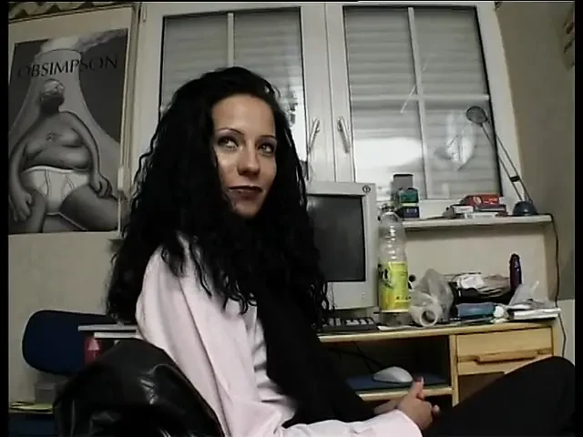 Beautiful black haired babe wearing stockings and high heels gets fucked deeply