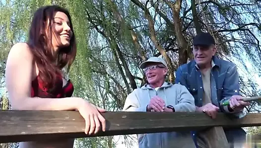 Two oldmen fuck beautiful girl while fishing